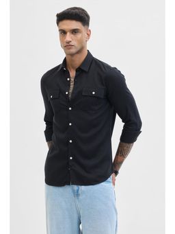 Snitch - Black Regular Fit Double Pocket Linen Blend Shirt