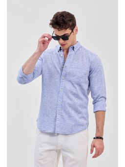 Snitch - Blue Self-Design Slim Fit Linen Shirt