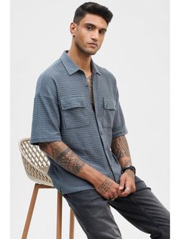 Snitch - Greyish Blue Textured Oversized Fit Shirt