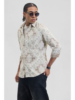 Snitch - Beige Geometric Regular Fit Shirt