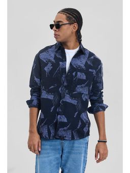 Snitch - Navy Blue Abstract Regular Fit Shirt