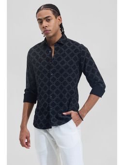 Snitch - Black Geometric Slim Fit Shirt