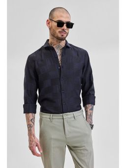Snitch - Navy Blue Self-Design Slim Fit Shirt