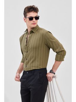Snitch - Olive Stripes Slim Fit Shirt