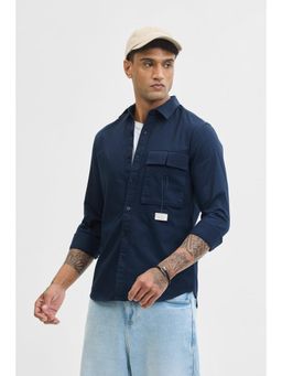 Snitch - Navy Blue Double Flap Pocket Relaxed Fit Shirt