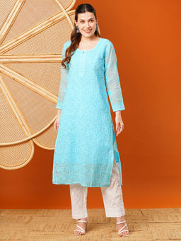ADA - Hand Embroidered Blue Kota Lucknowi Chikankari Kurta with Slip