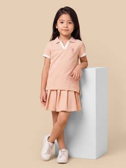 U.S. POLO ASSN. - Girls Peach Solid Relaxed Fit Polo T-shirt