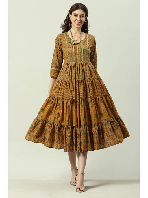 Buy Biba Ochre Flared Mustard Midi Dress Online