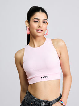 MIXT by Nykaa Fashion - Pink Ribbed Sleeveless Crop Tank Top