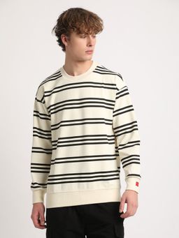 The Bear House - Men White Striped Relaxed Fit Sweatshirt
