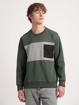 The Bear House - Men Green Colour Blocked Relaxed Fit Sweatshirt