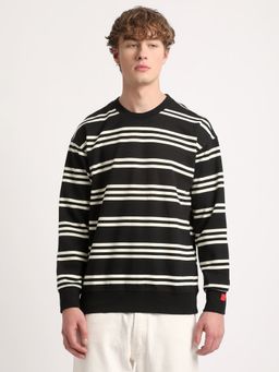The Bear House - Men Black Striped Relaxed Fit Sweatshirt