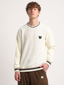 The Bear House - Men White Self Designed Relaxed Fit Sweatshirt