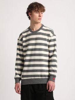 The Bear House - Men Grey And White Striped Relaxed Fit Sweatshirt