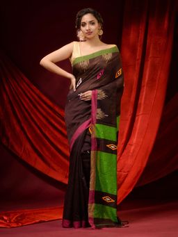 CHARUKRITI - Hickory Brown Cotton Silk Ethnic Motifs and Sequin Pallu Saree with Unstitched Blouse