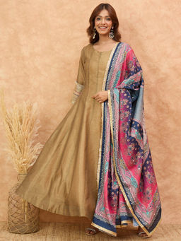 Varanga - Women Gold Stripes Anarkali Kurta with Dupatta