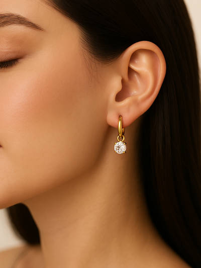 White 18K Gold Plated Anti Tarnish Pluna Solitaire Hoop Earrings