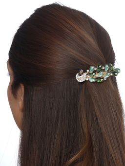 Yellow Chimes - Green Peacock Designed White Crystal Studded French Baratte Hair Clip
