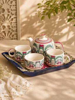 ARRABI - White Ceramic Ethnic Floral Tea Set With Kettle, Cups, Bowl & Tray