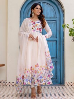 Odette - Women Off White Georgette Solid Anarkali Kurta with Pant and Dupatta