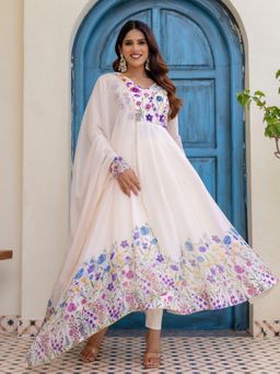 Odette - Women Off White Georgette Solid Anarkali Kurta with Pant and Dupatta