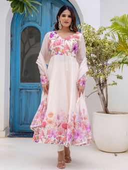 Odette - Women Off White Georgette Solid Anarkali Kurta with Pant and Dupatta