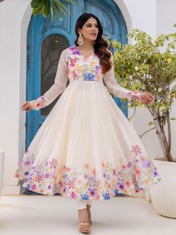 Odette - Women Off White Georgette Solid Anarkali Kurta with Pant and Dupatta