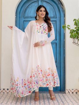Odette - Women Off White Georgette Solid Anarkali Kurta with Pant and Dupatta