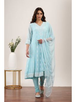 Rangriti - Women Blue Polyester Kurta with Churidar and Pant