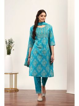 Rangriti - Women Blue Cotton Kurta with Pant and Dupatta