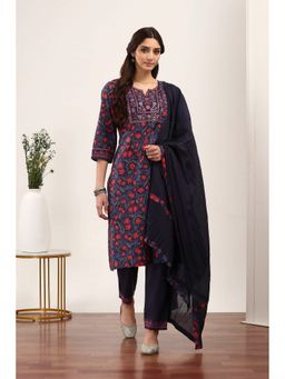 Rangriti - Women Blue Cotton Kurta with Pant and Dupatta