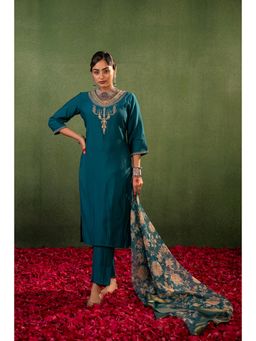 Juniper - Teal Floral Embroidered Kurta with Pant and Dupatta