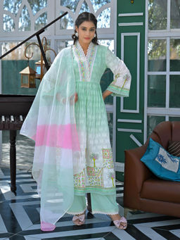 Autumnlane - Tridhara Minty Cotton Anarkali and Palazzo with Dupatta (Set of 3)