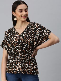 SHOWOFFFF - Women V-Neck Half Sleeves Animal Print Black Top
