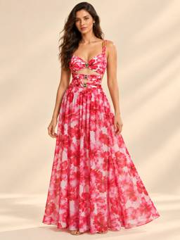 Coco Turtle - Red Floral Cutout Monokini with Maxi Skirt