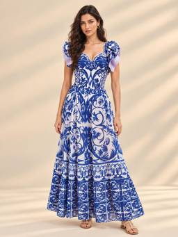 Coco Turtle - Blue Porcelain Monokini with Maxi Skirt