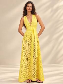 Coco Turtle - Yellow Floral Cutwork Monokini with Skirt
