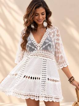 Coco Turtle - White Lace V-Neck Cover-Up Dress