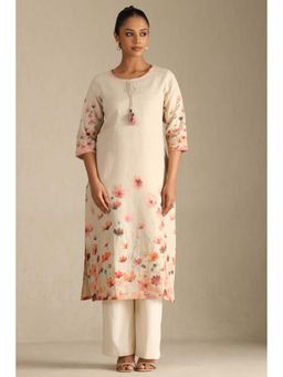 Soch - Women's Beige Linen Floral Print Kurta