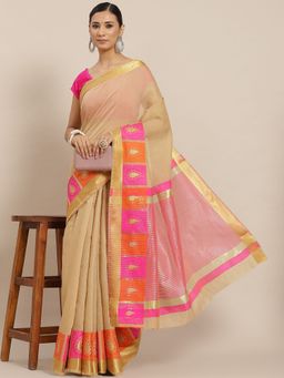 ISHIN - Womens Polycotton Beige & Pink Woven Chanderi Saree with Unstitched Blouse