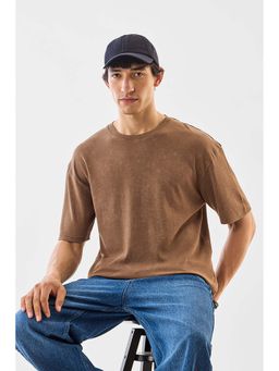 Snitch - Brown Solid Half Sleeves Oversized Casual T-Shirt