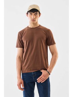 Snitch - Brown Plain Half Sleeves Slim Casual T-Shirt