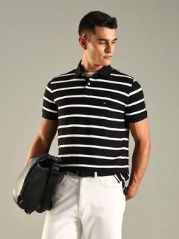 Tommy Hilfiger - Black Striped Regular Fit Cotton Polo T-Shirt
