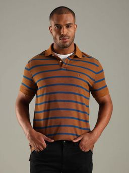 Tommy Hilfiger - Brown Striped Regular Fit Cotton Polo T-Shirt