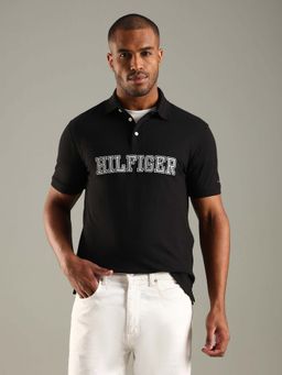 Tommy Hilfiger - Black Embroidered Logo Regular Fit Cotton Polo T-Shirt