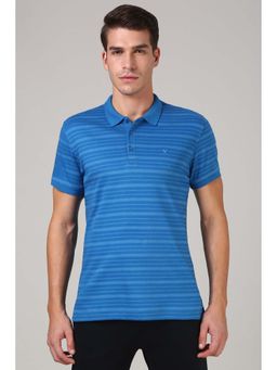 Van Heusen - Men Blue Cotton Stripes Polo Collar T-Shirt