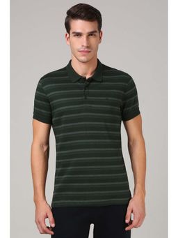 Van Heusen - Men Green Cotton Stripes Polo Collar T-Shirt