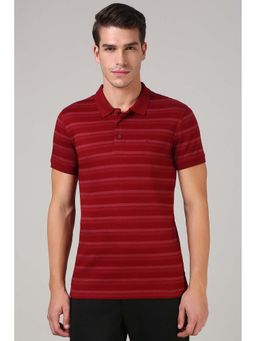 Van Heusen - Men Maroon Cotton Stripes Polo Collar T-Shirt