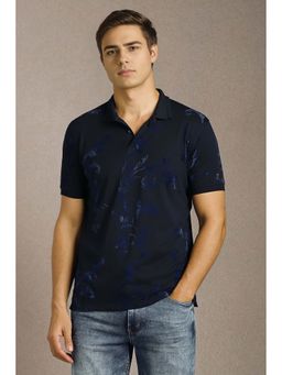 Louis Philippe - Men Navy Blue Floral Print Polo Neck T-Shirt