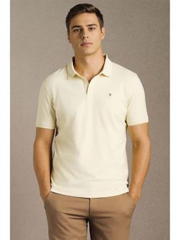Louis Philippe - Men Cream Solid Polo Neck Tri-color Logo T-shirt